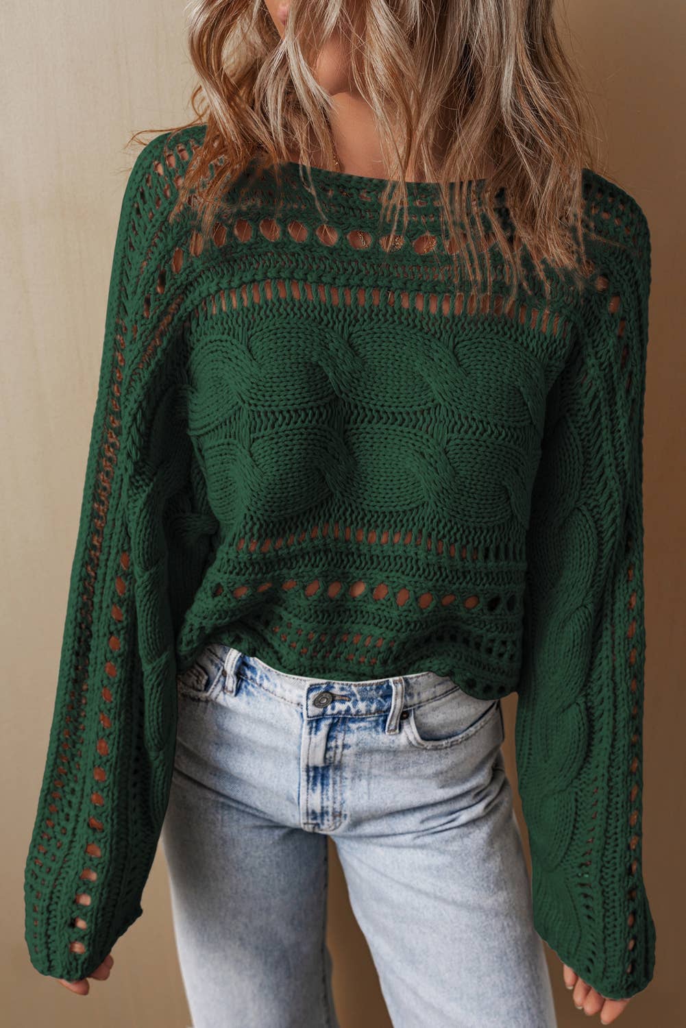 Cable Knit Cropped Sweater: DeepGreen