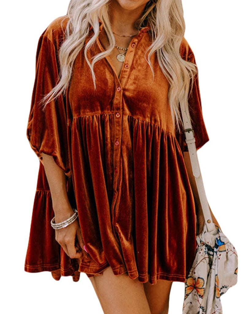 Velvet Lantern Sleeve Babydoll Shirt - Chestnut