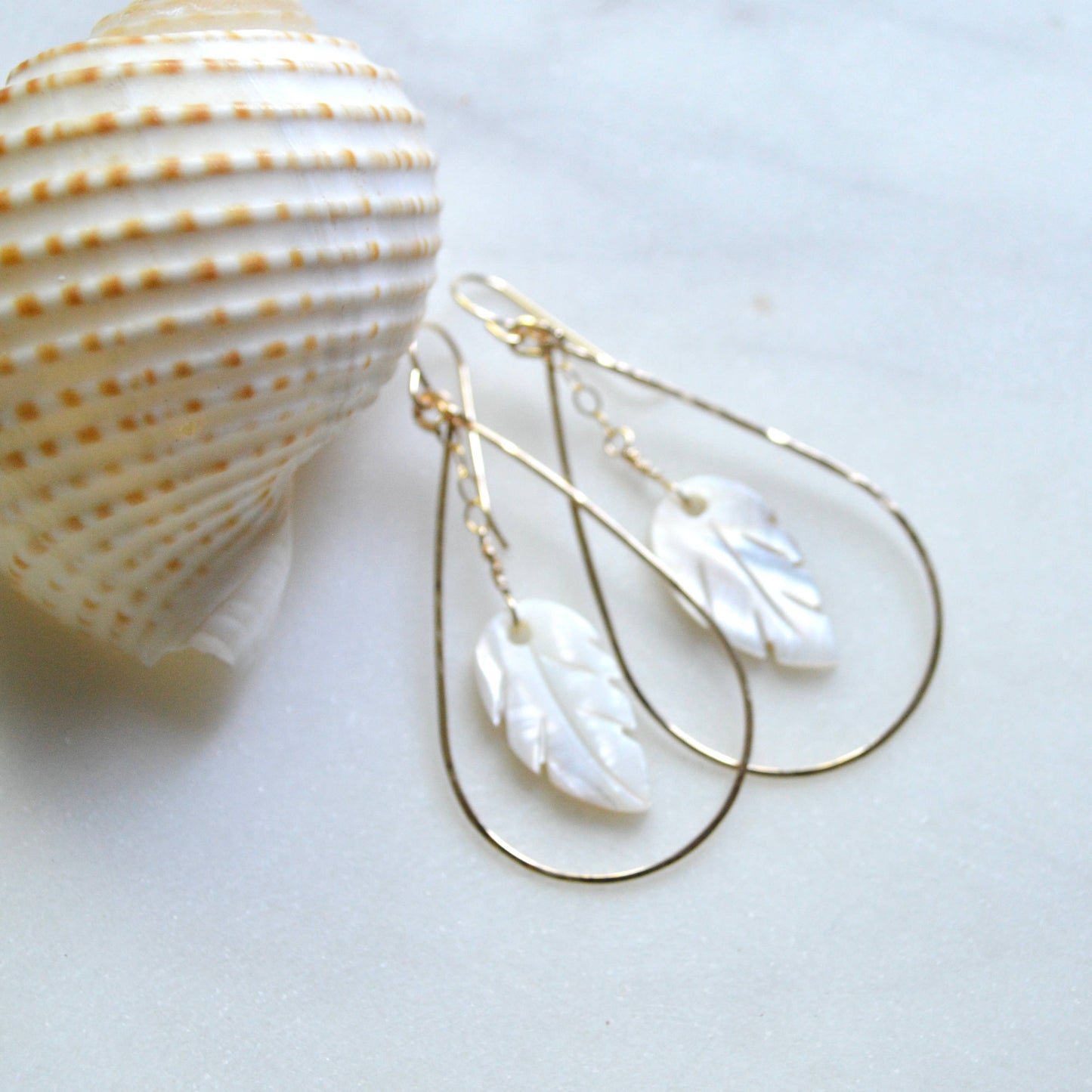 Mother of Pearl Leaf Teardrop Earrings: Gold Filled