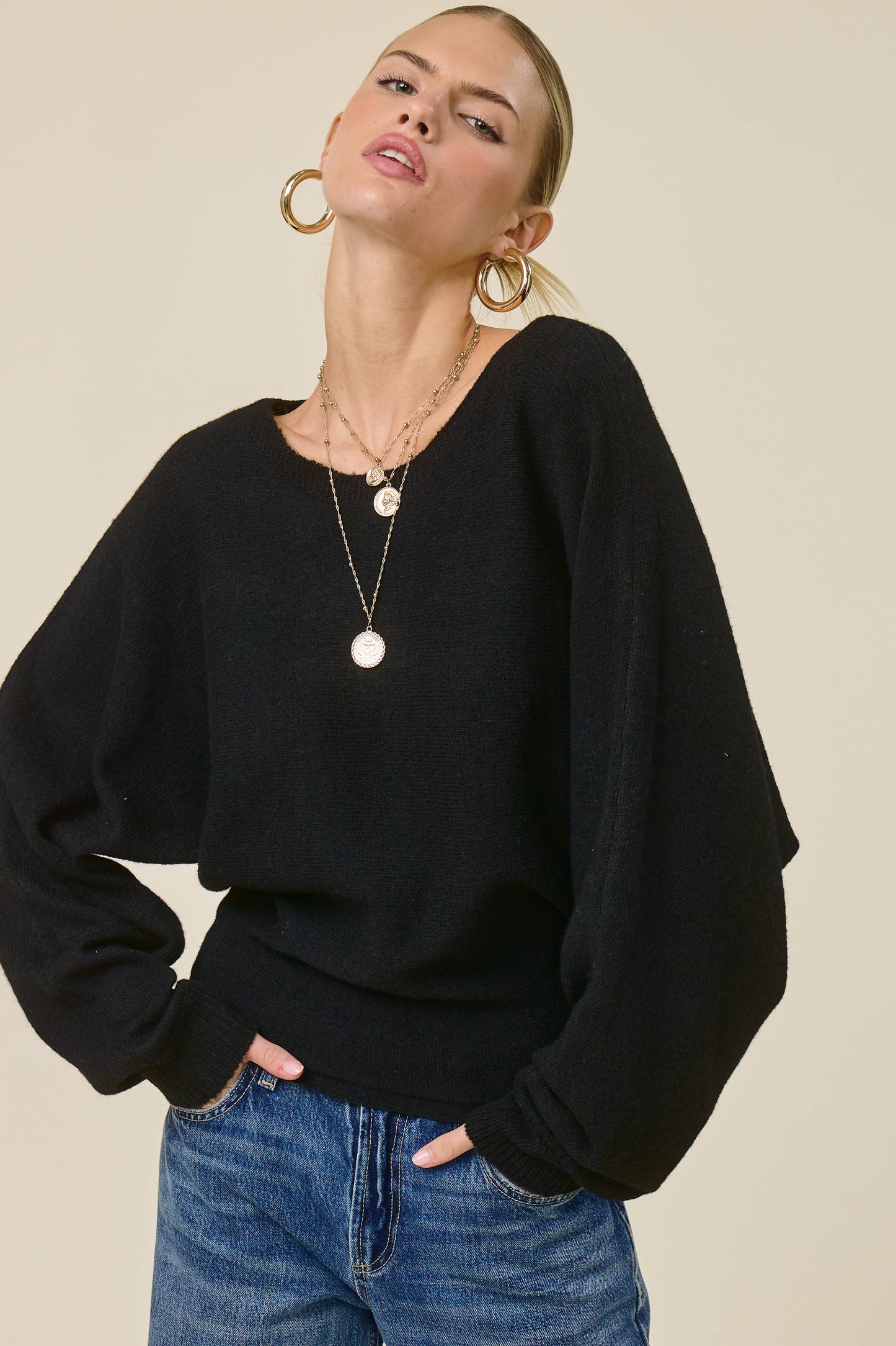 Slouchy Dolman Sleeve Knit Sweater: BLACK