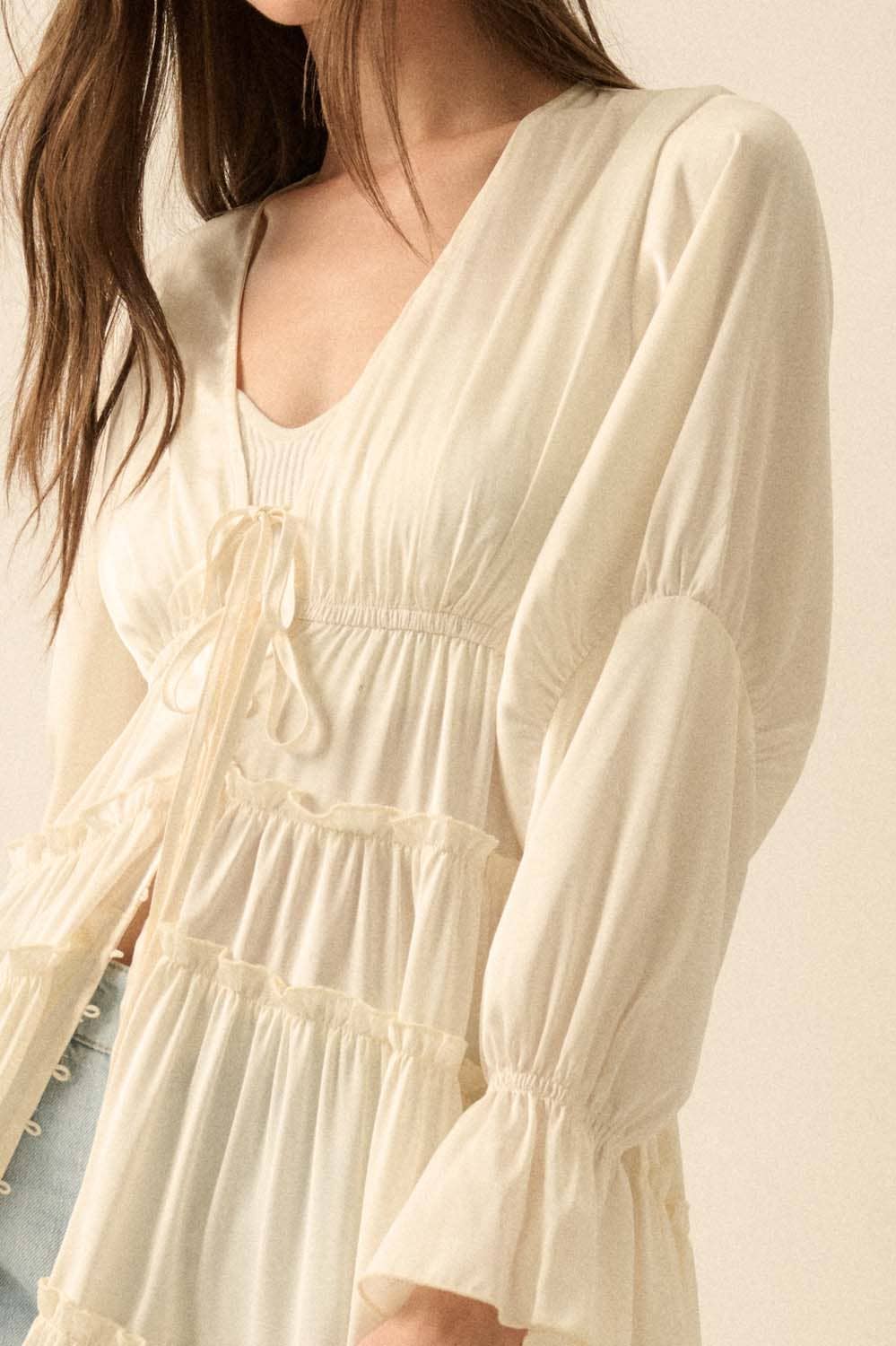 Solid Ruffled Trumpet-Sleeve High-Low Midi Dress: CREAM