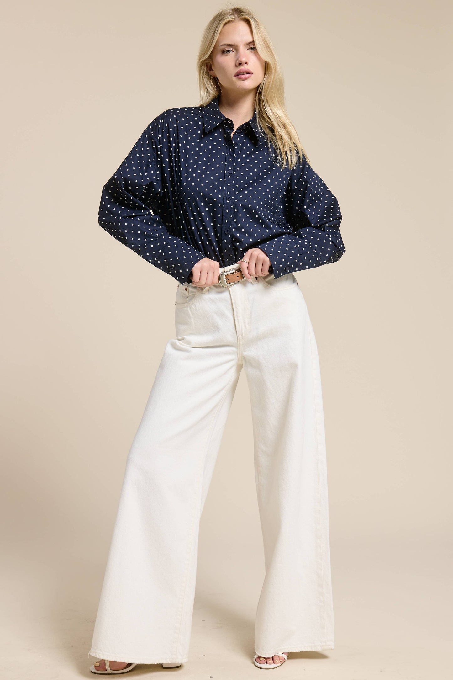 Polka Dot Oversized Button Down Shirt: Navy