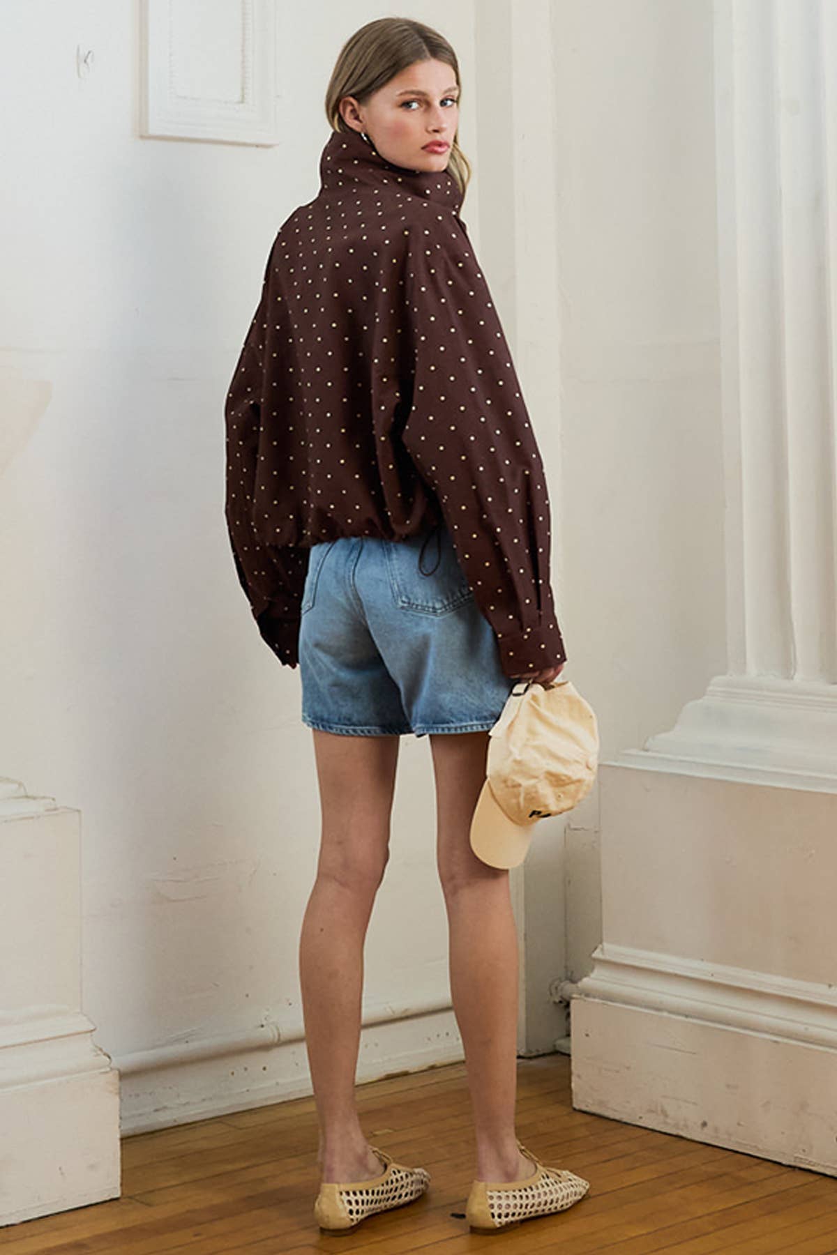 Polka Dot High Neck Drawstring Full Zip Jacket -BROWN DOT