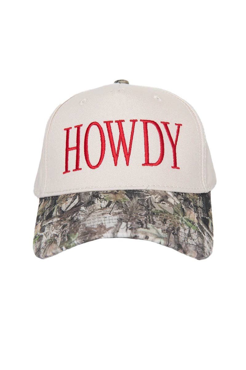 HOWDY Two-Toned Trucker Hat: Camo and Cream