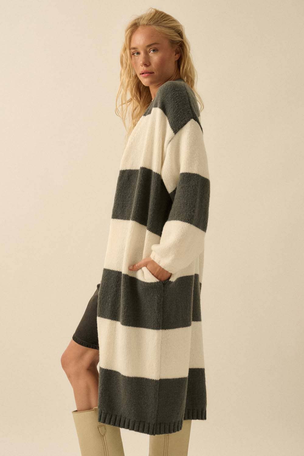 Striped Knit Open-Front Duster Pocket Cardigan: Pine-Starlight Blue