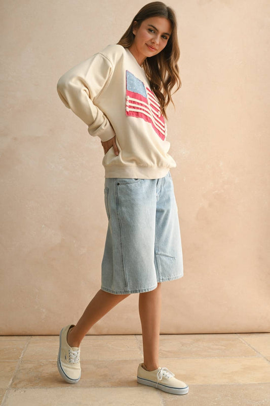 FLAG PATCH FRONT DETAIL SWEATSHIRTS: CREAM