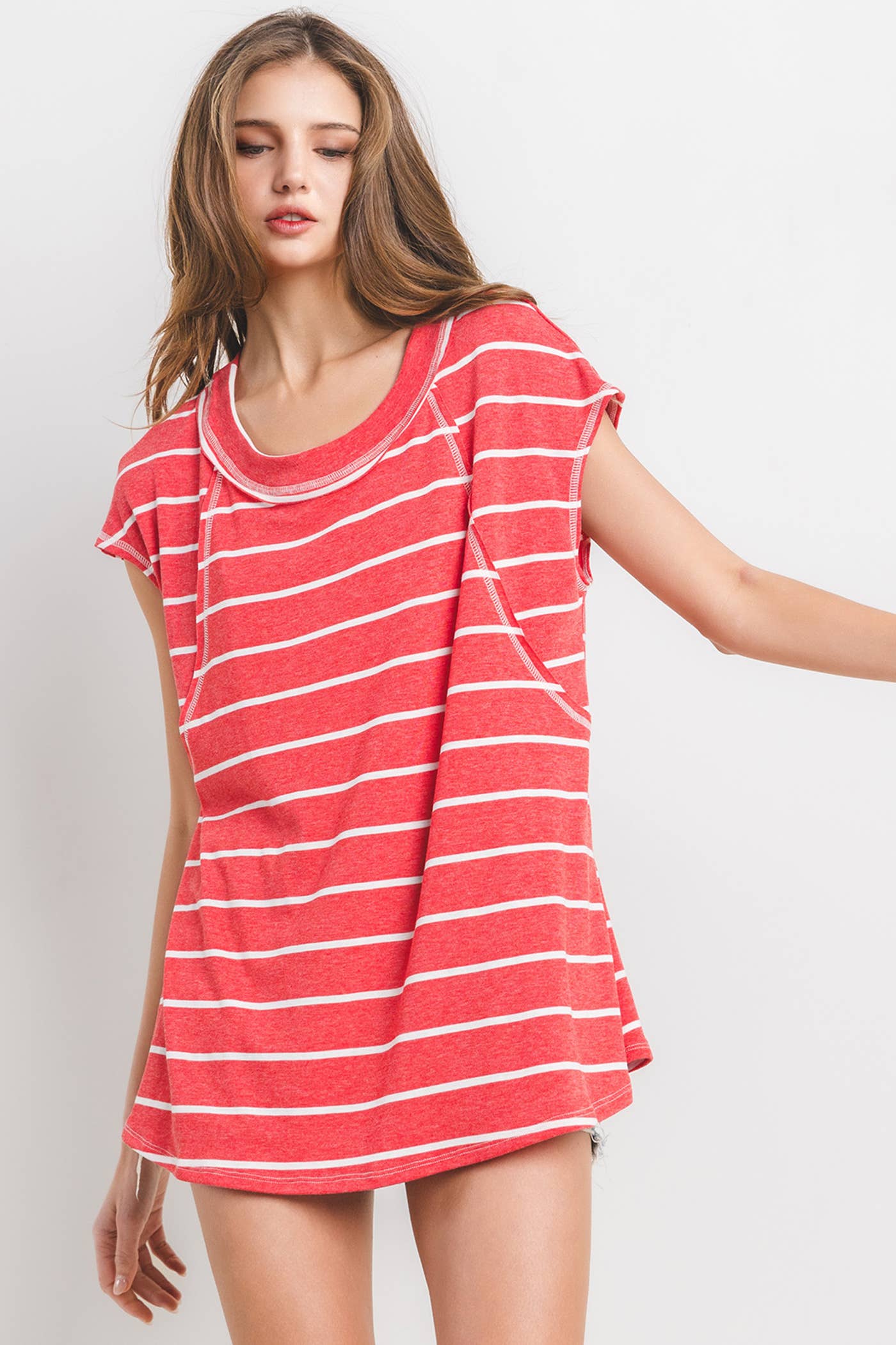 Striped Short Sleeve Knit Top / Red