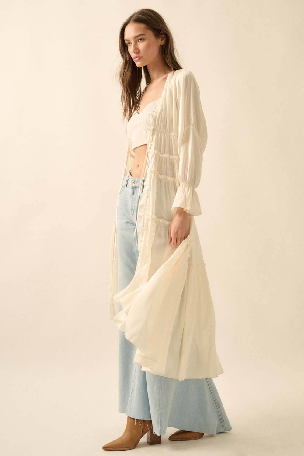 Solid Ruffled Trumpet-Sleeve High-Low Midi Dress: CREAM