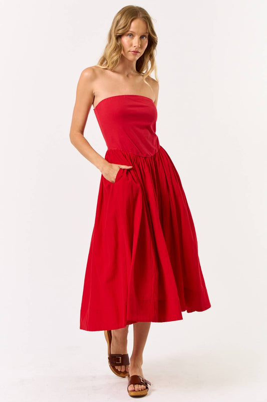 Red Strapless Midi Dress