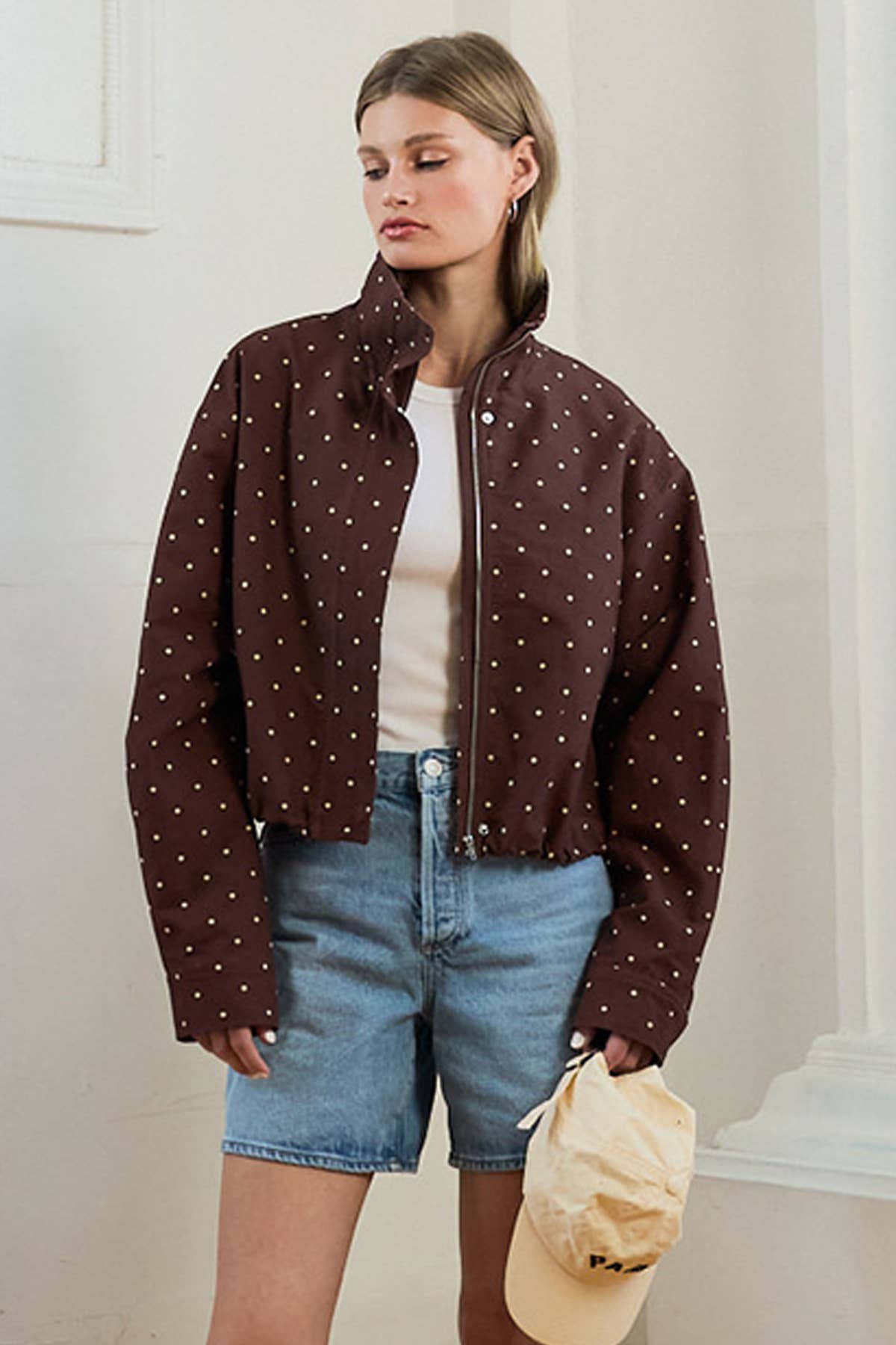 Polka Dot High Neck Drawstring Full Zip Jacket -BROWN DOT