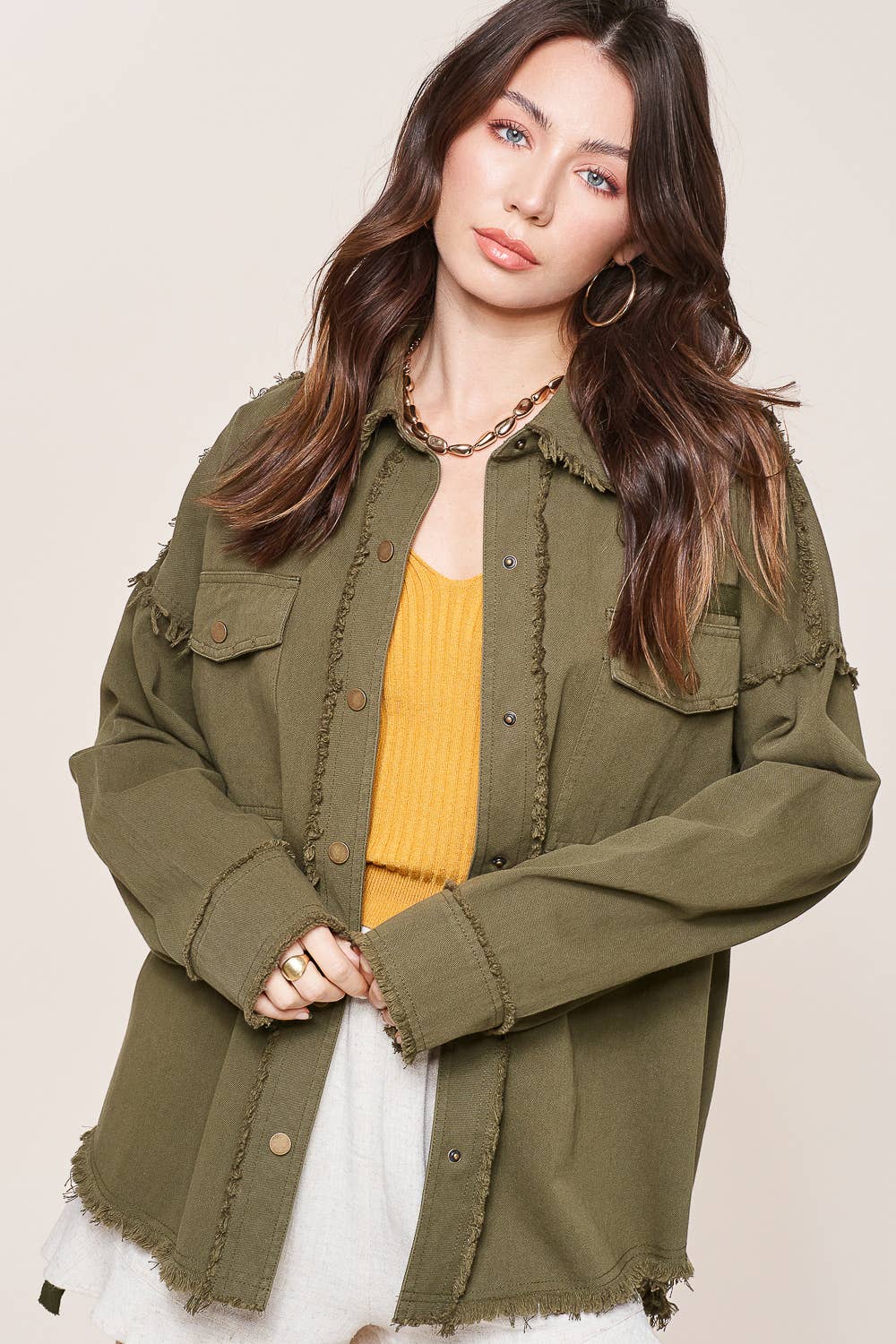 Loose Fit Frayed Edge Shacked: Olive