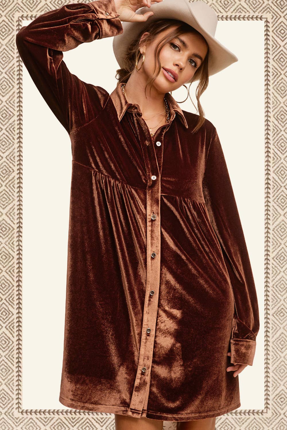 Velvety Long Sleeve Button Dress: Smoked Topaz