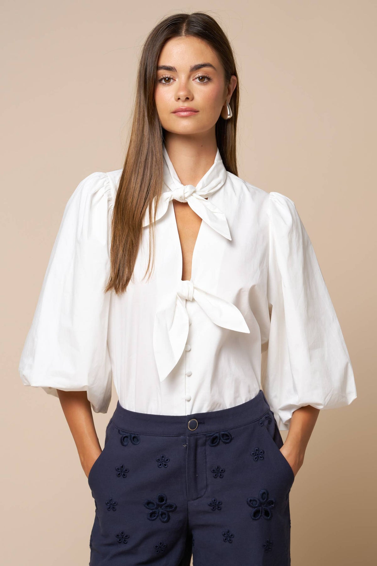 Puff Sleeve Button Down Blouse: OFF WHITE