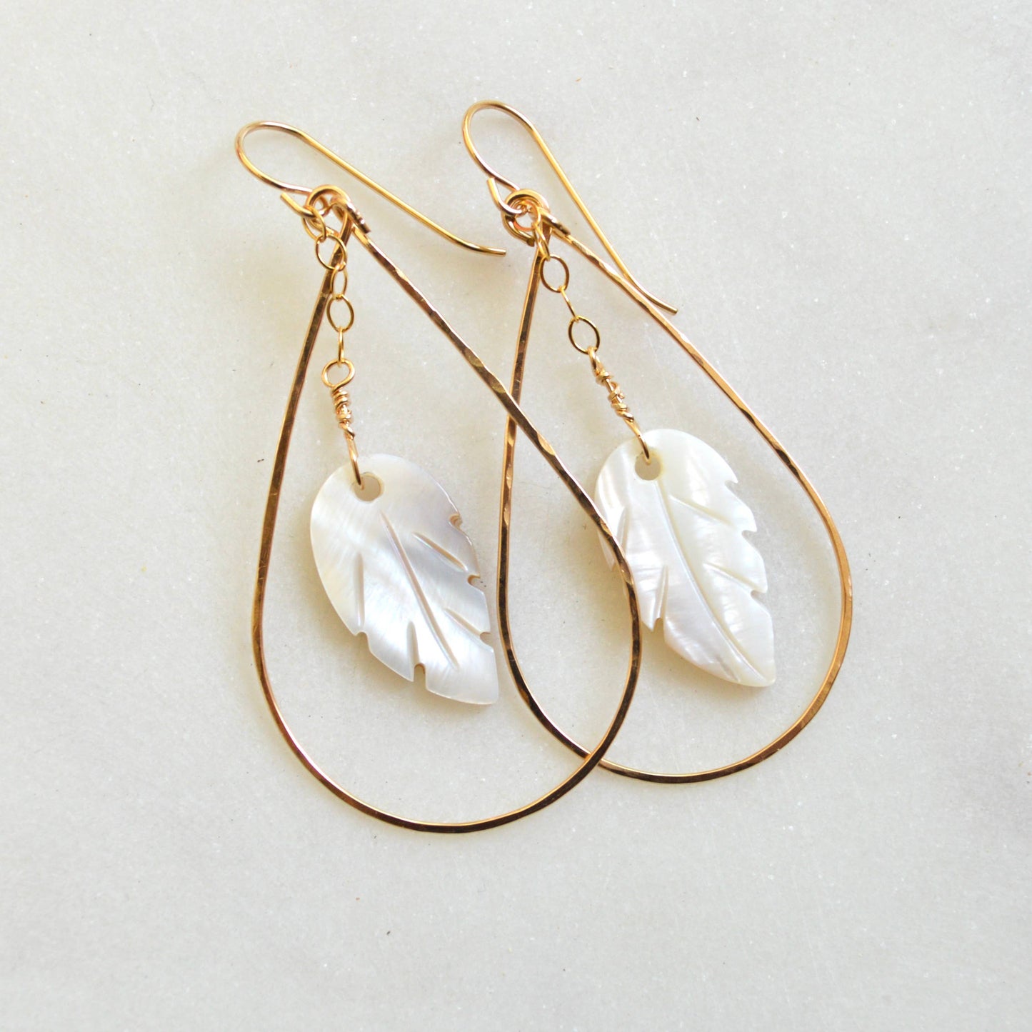 Mother of Pearl Leaf Teardrop Earrings: Gold Filled