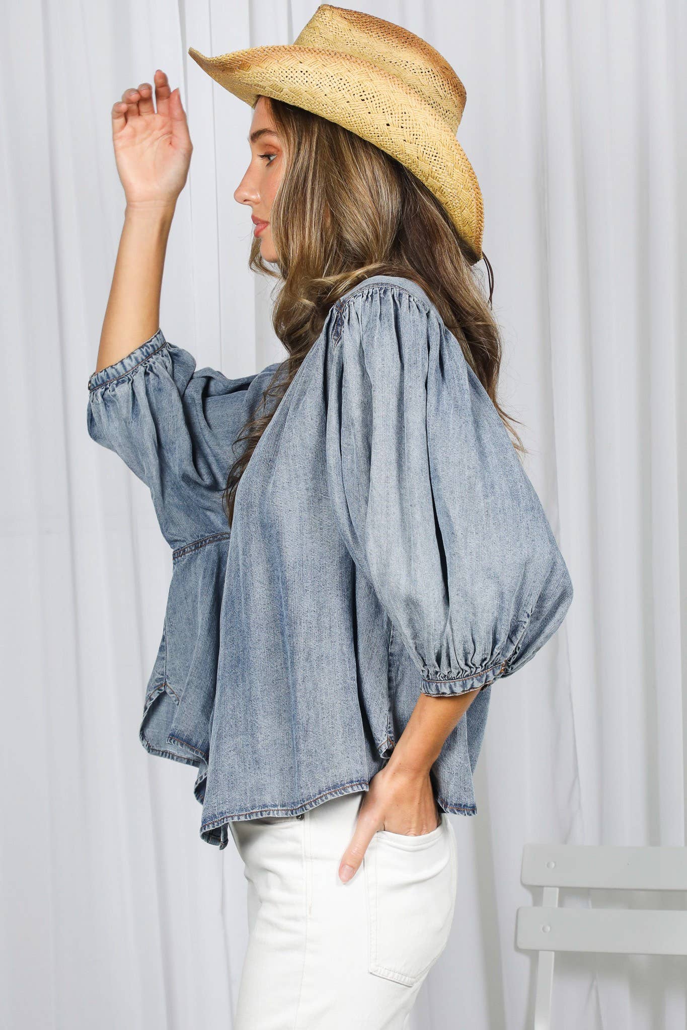 Ruffle Neck 100% Tencel Chambray Washed Denim Shirt