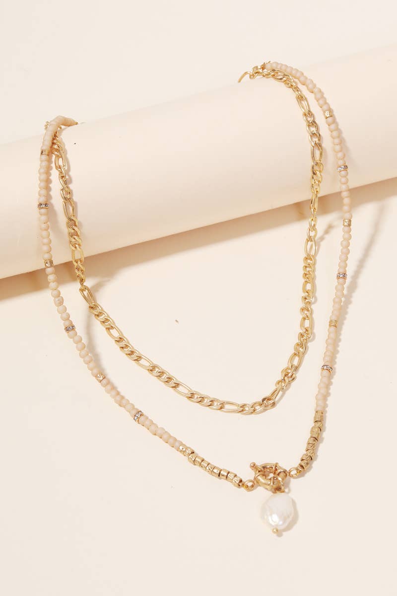 Layered Bead Chain Pearl Charm Necklace: Tan