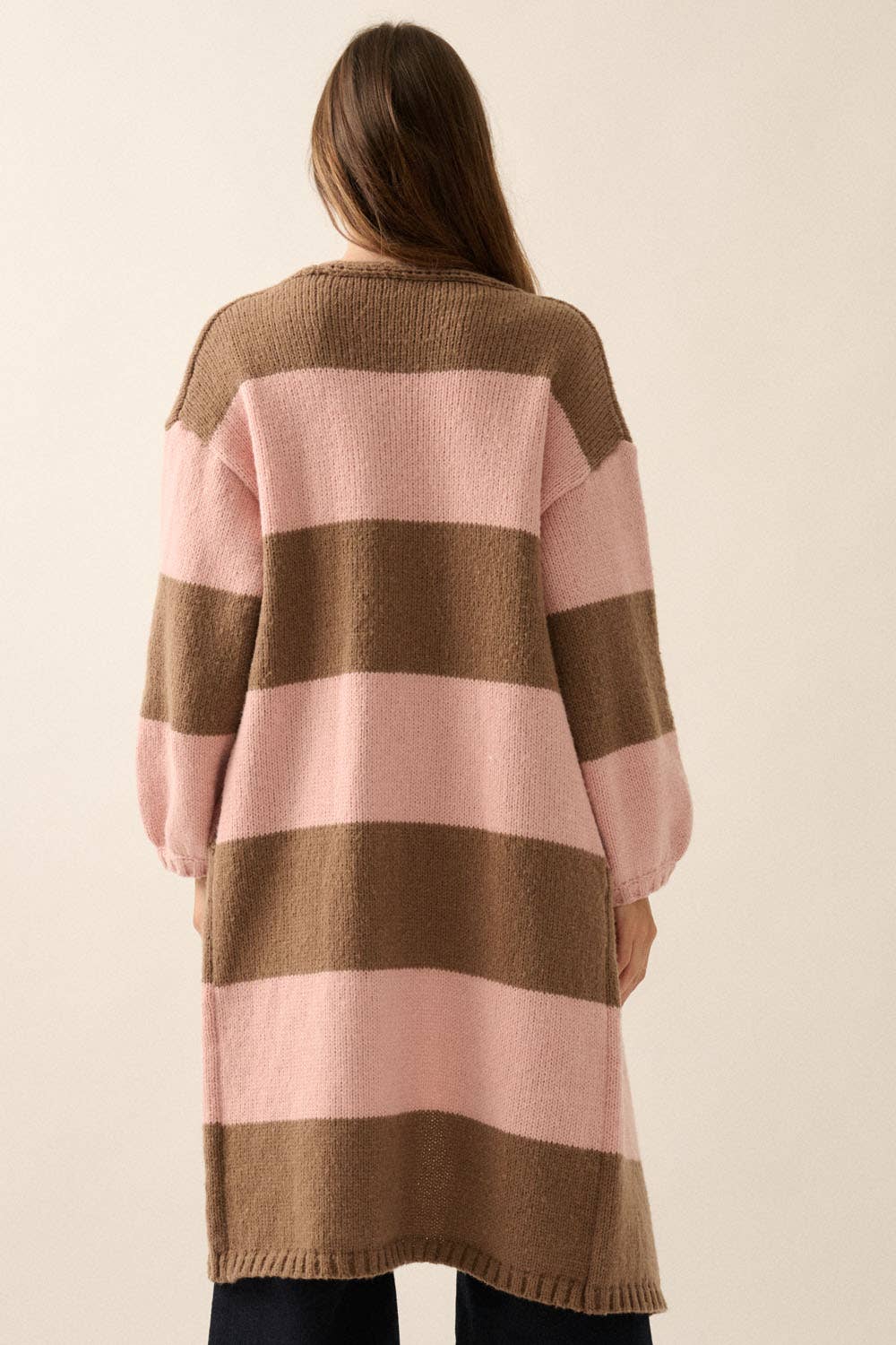 Striped Knit Open-Front Duster Pocket Cardigan: Pine-Starlight Blue