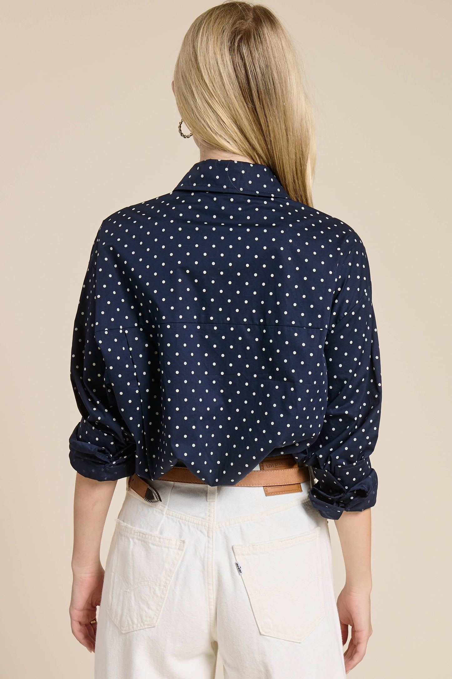 Polka Dot Oversized Button Down Shirt: Navy