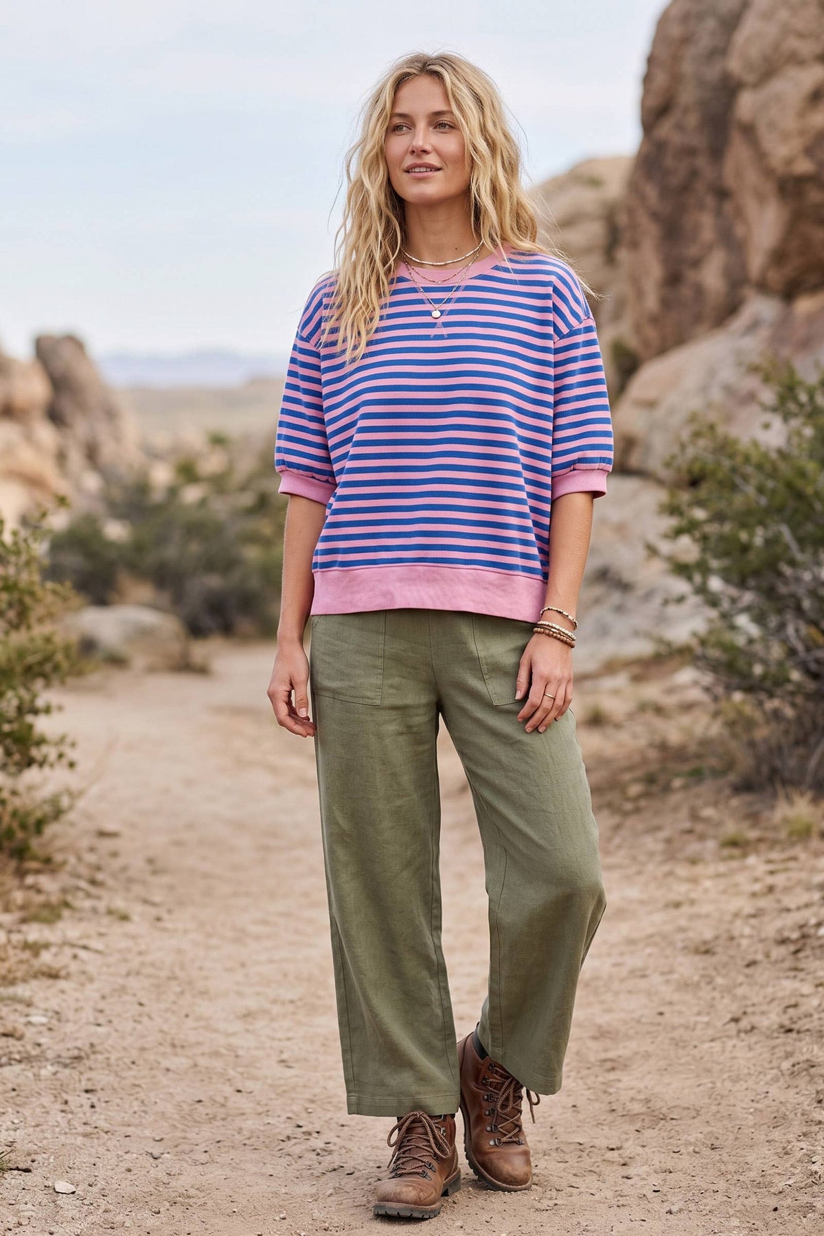 Striped Contrast Trim Knit Top: PINK/ROYAL