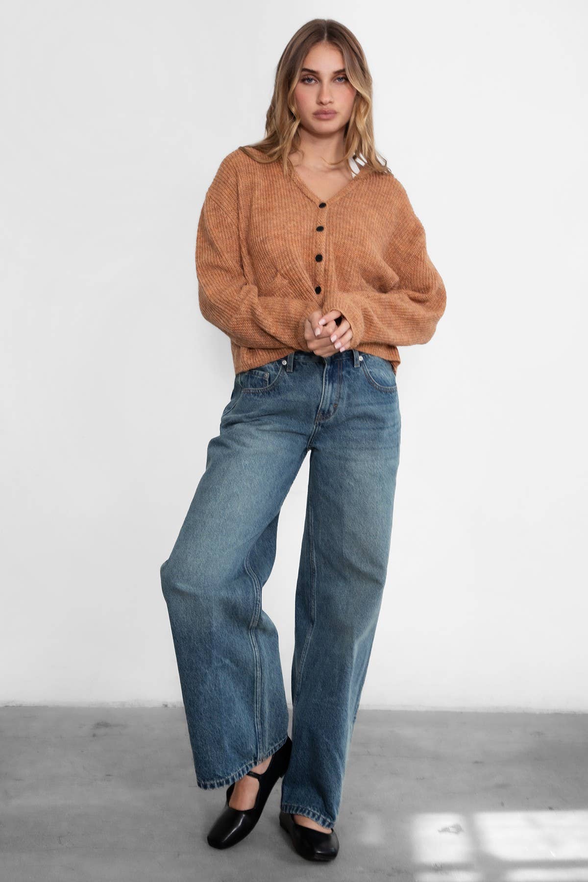 CURTY Fall Winter Marled Sweater Knit Cardigan Top: WHEAT MULTI