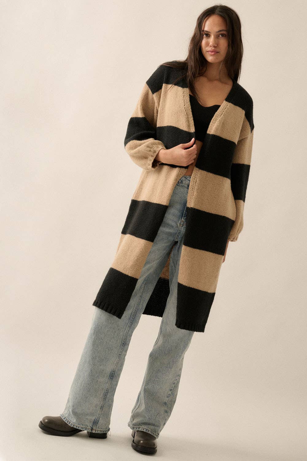 Striped Knit Open-Front Duster Pocket Cardigan: Pine-Starlight Blue