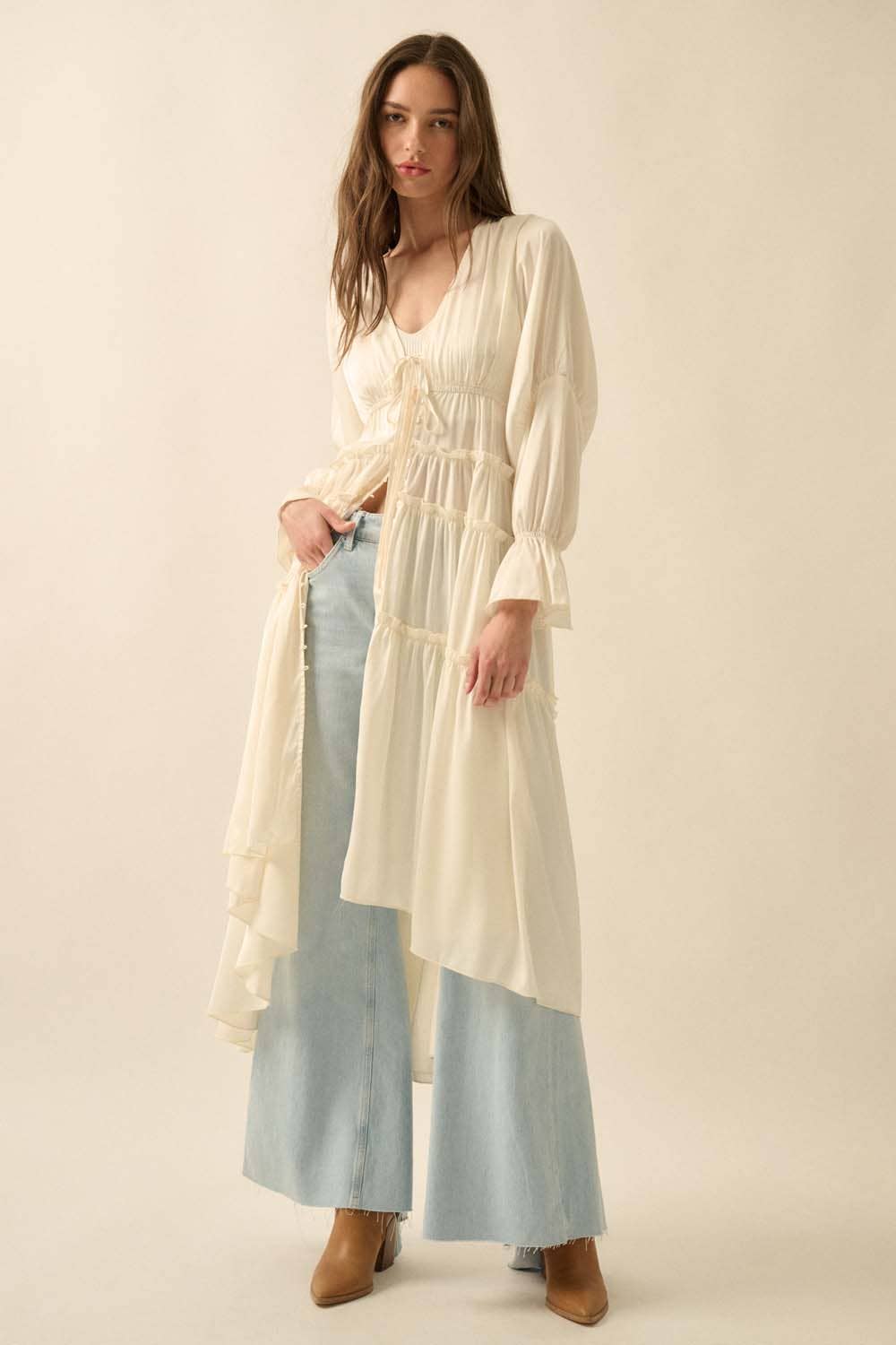 Solid Ruffled Trumpet-Sleeve High-Low Midi Dress: CREAM