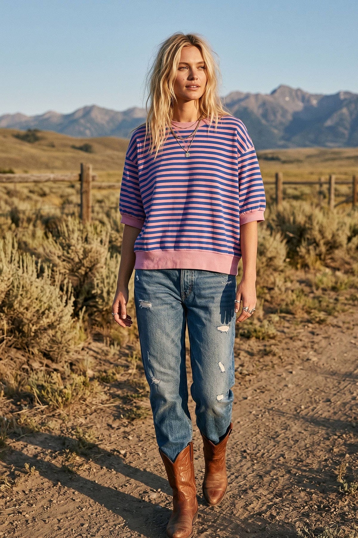Striped Contrast Trim Knit Top: PINK/ROYAL