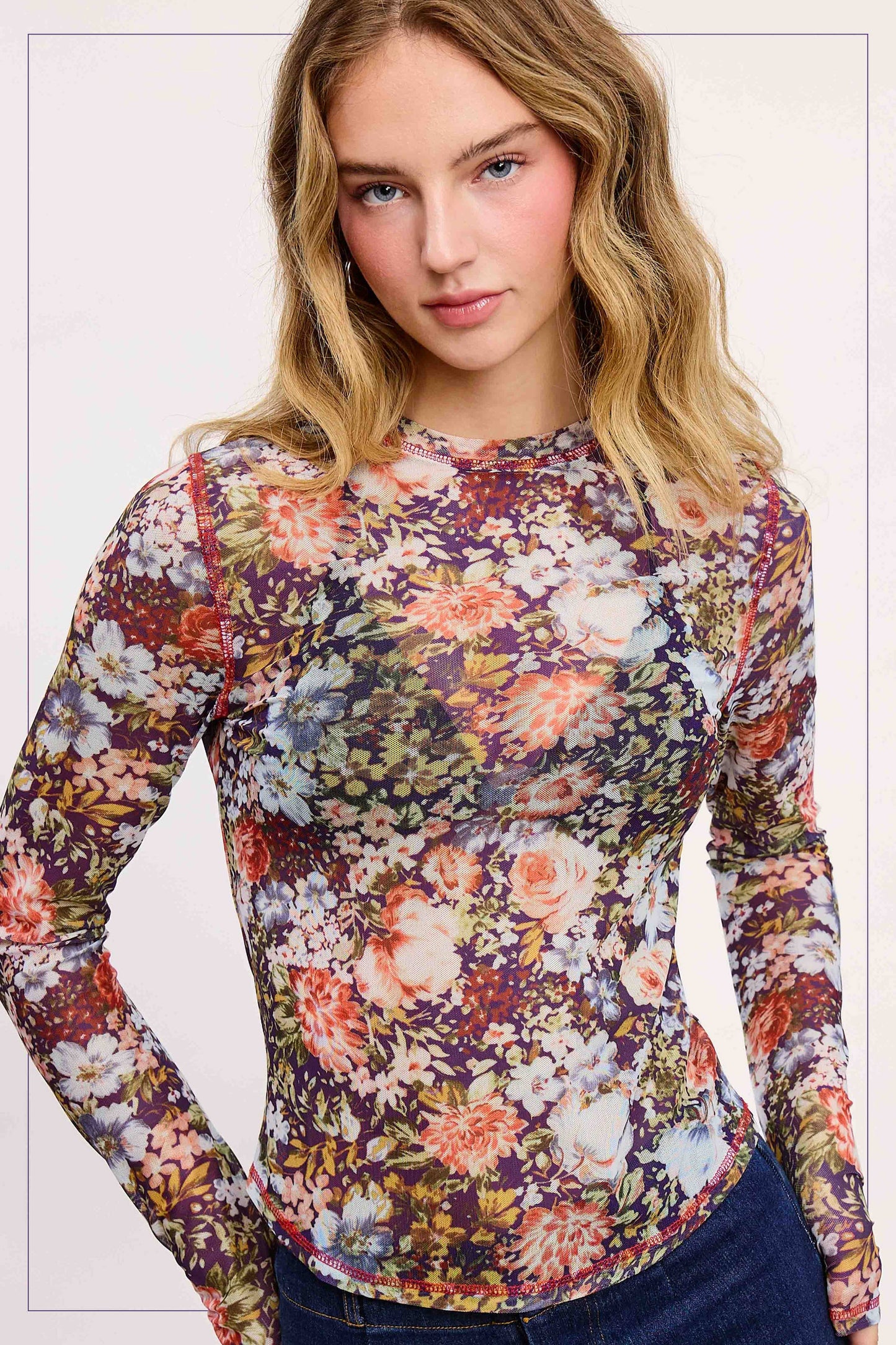 Semi Sheer Mesh Floral Top