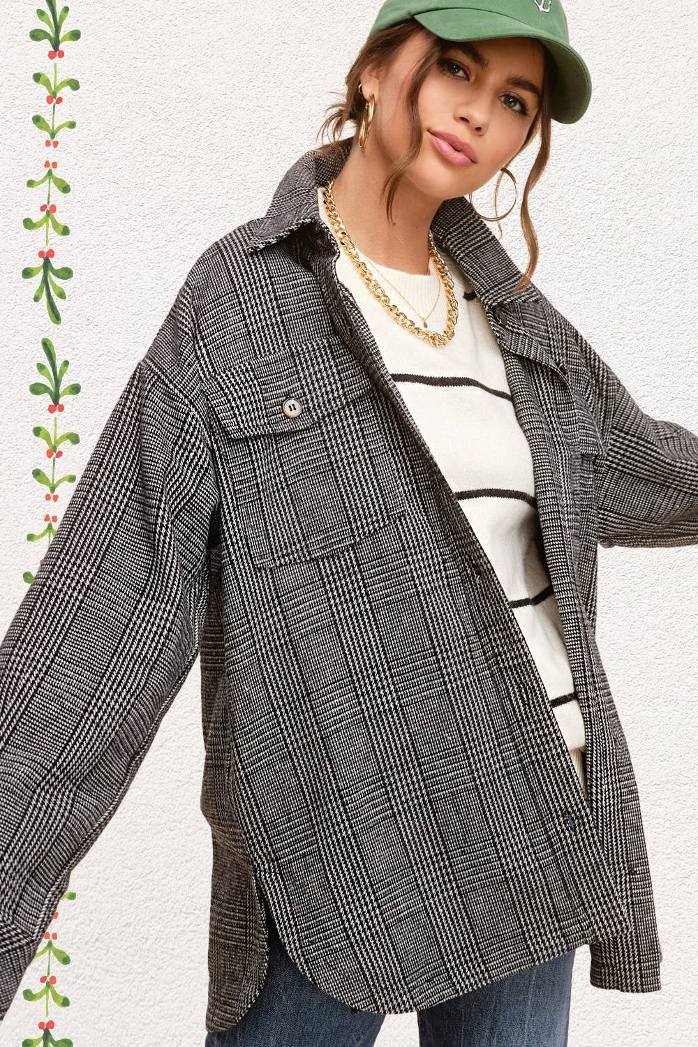 Classic Button Down Plaid Shacket: Black