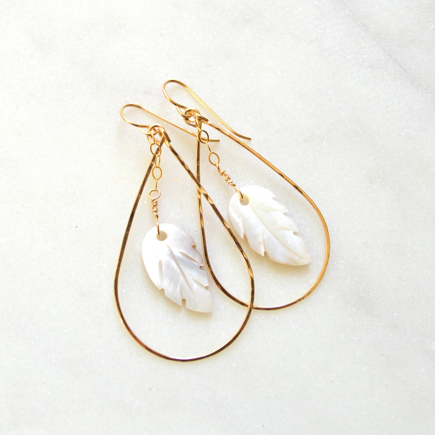 Mother of Pearl Leaf Teardrop Earrings: Gold Filled