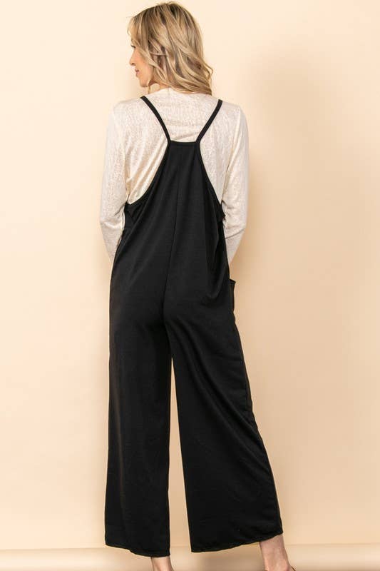 French Terry Front Pocket Overall Romper: Black