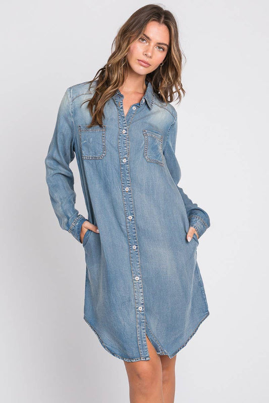 Washed Shirts Denim Dress : Light Denim