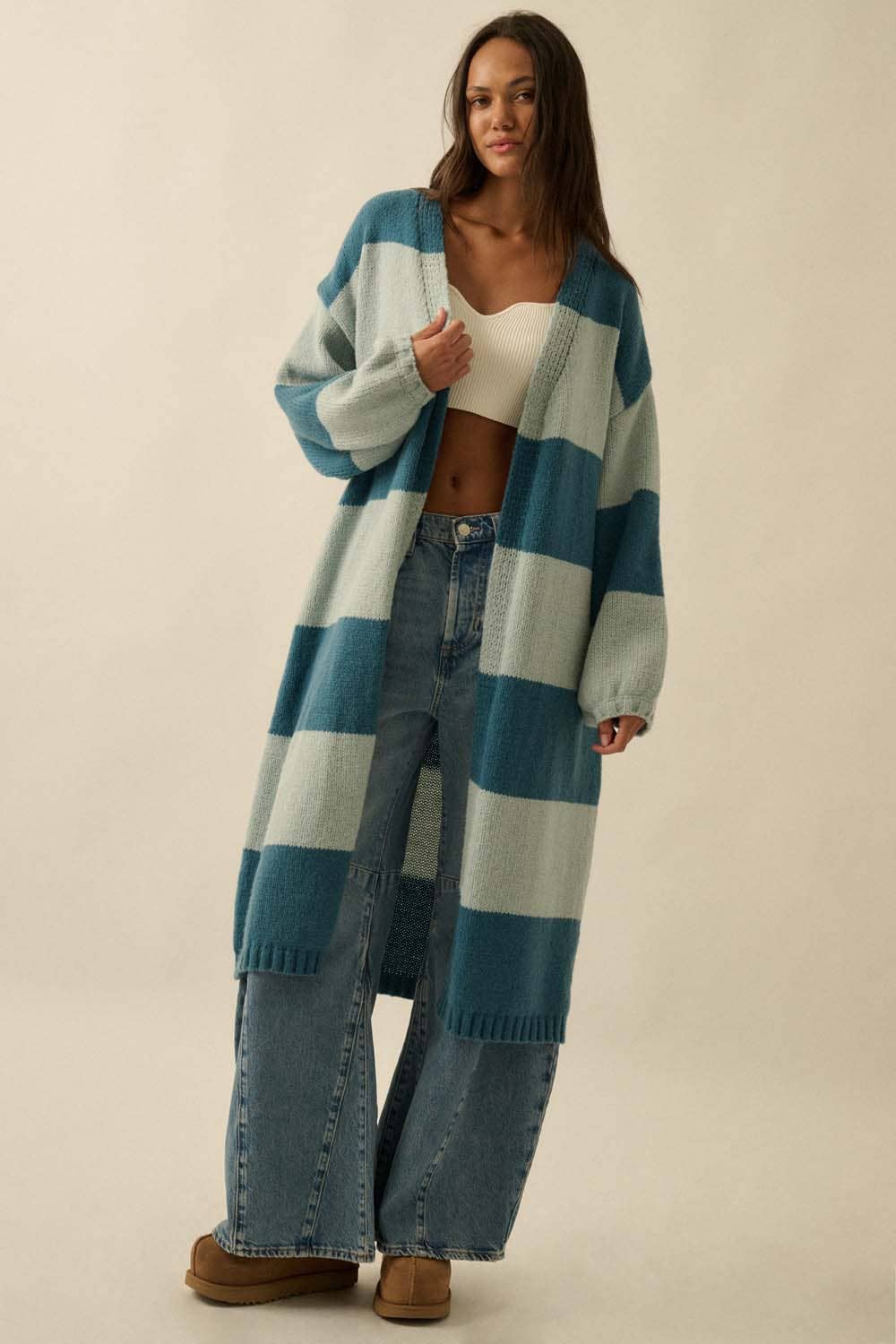 Striped Knit Open-Front Duster Pocket Cardigan: Pine-Starlight Blue