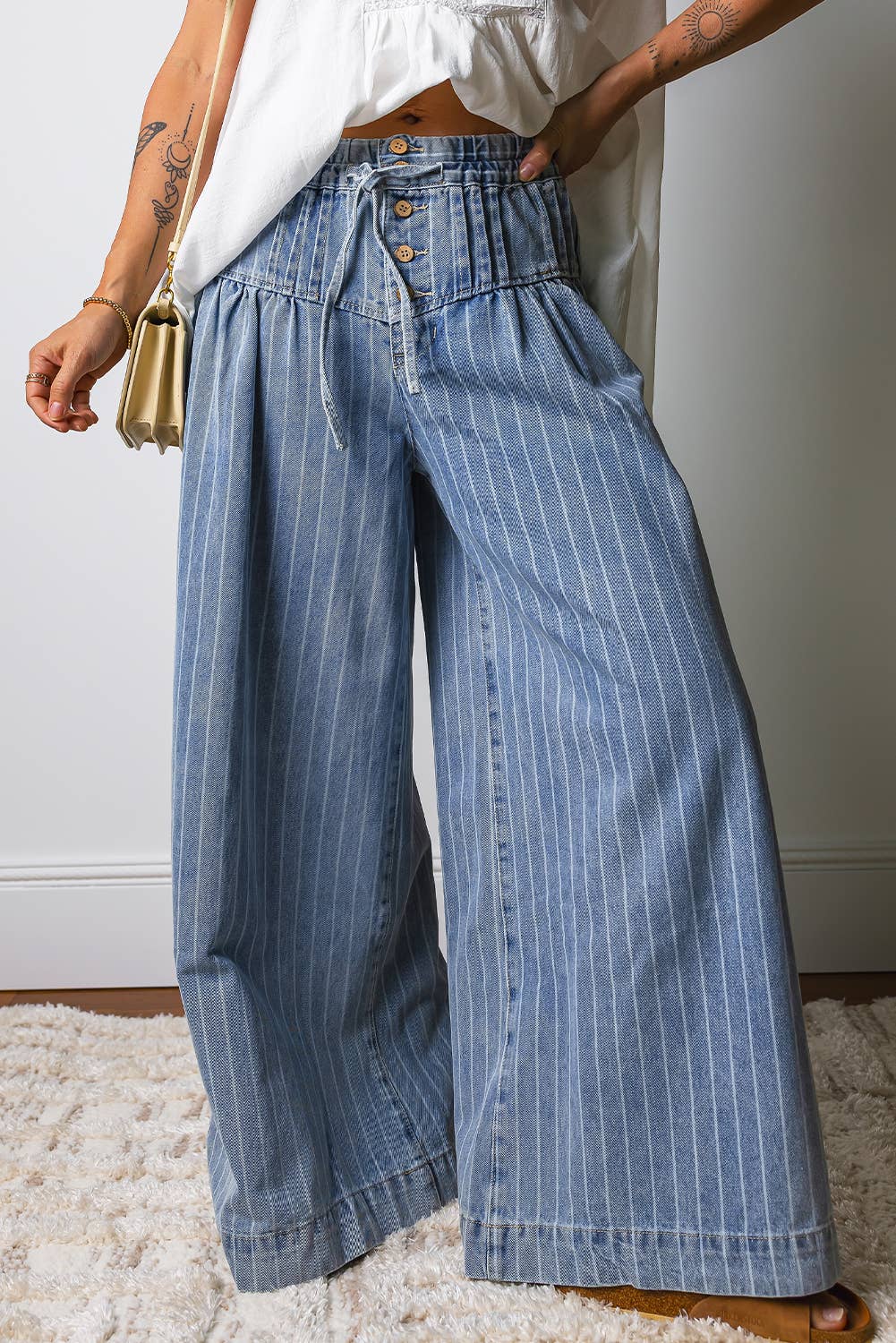 Stripe Button Pleated Drawstring Wide Leg Jeans | Sky Blue Stripe
