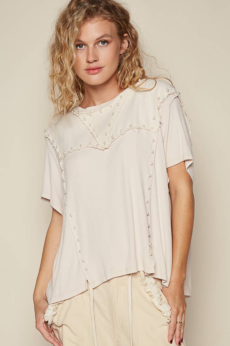 Oversize pearl detail top: OFF WHITE