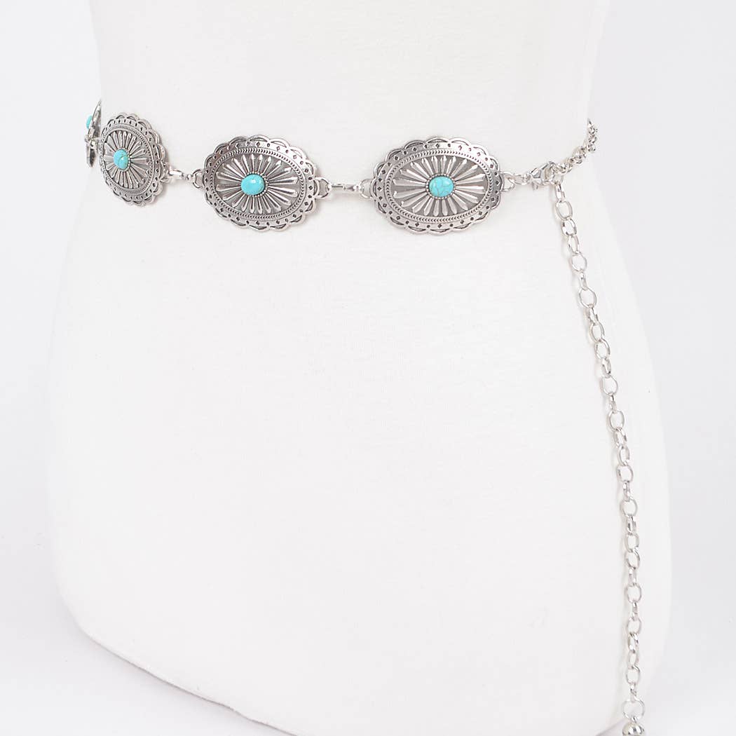 Western Style Metal Chain Belt Round Stone