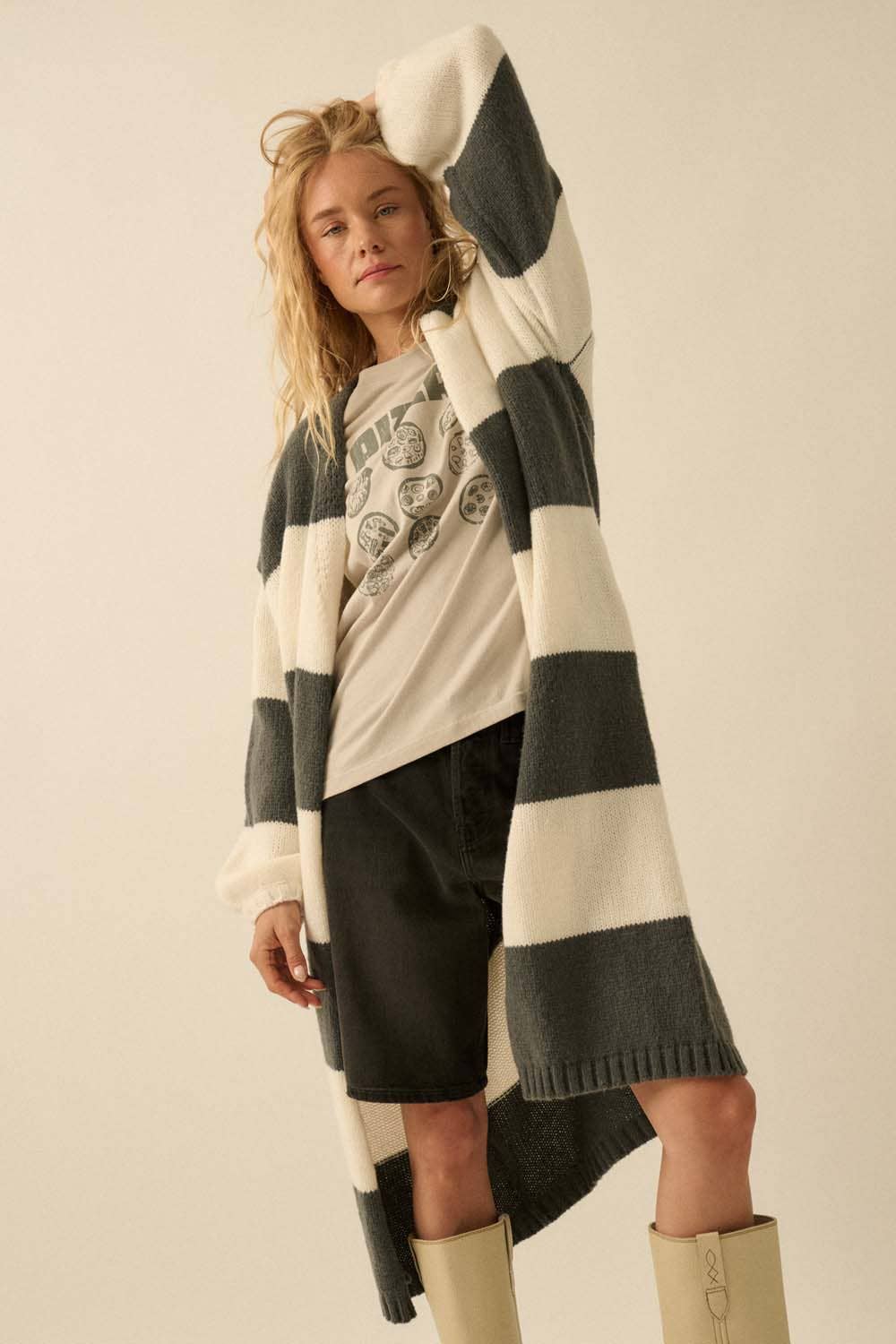 Striped Knit Open-Front Duster Pocket Cardigan: Pine-Starlight Blue