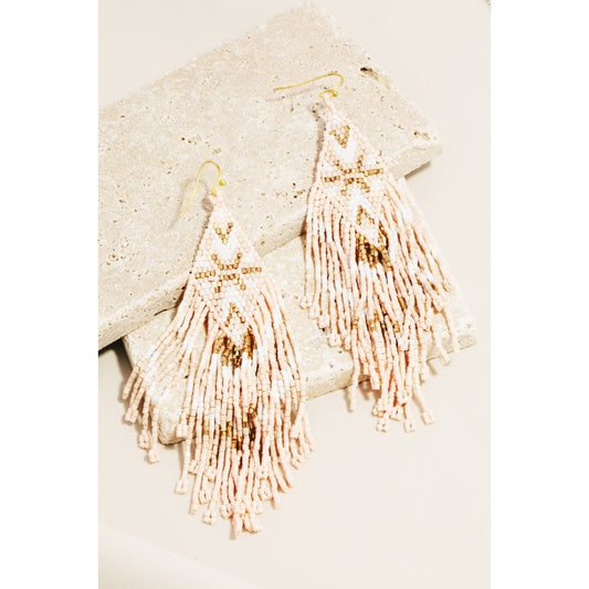 Seed Beaded Boho Fringe Earrings: Light pink