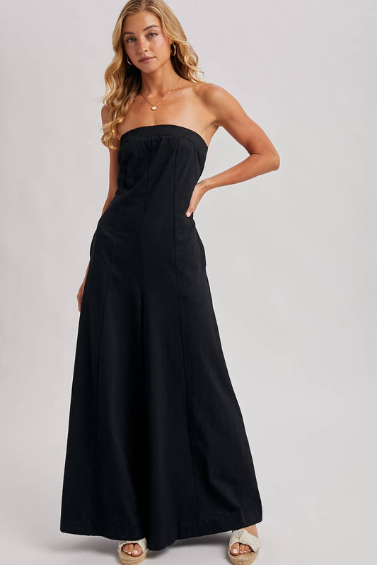 STRAPLESS BANDEAU WIDE-LEG JUMPSUIT WITH POCKETS: Black