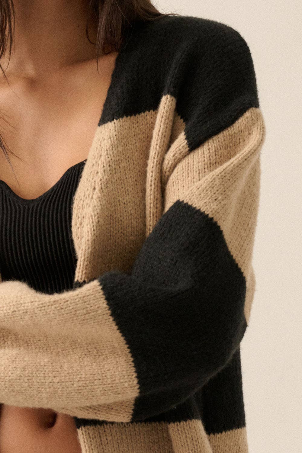 Striped Knit Open-Front Duster Pocket Cardigan: Pine-Starlight Blue