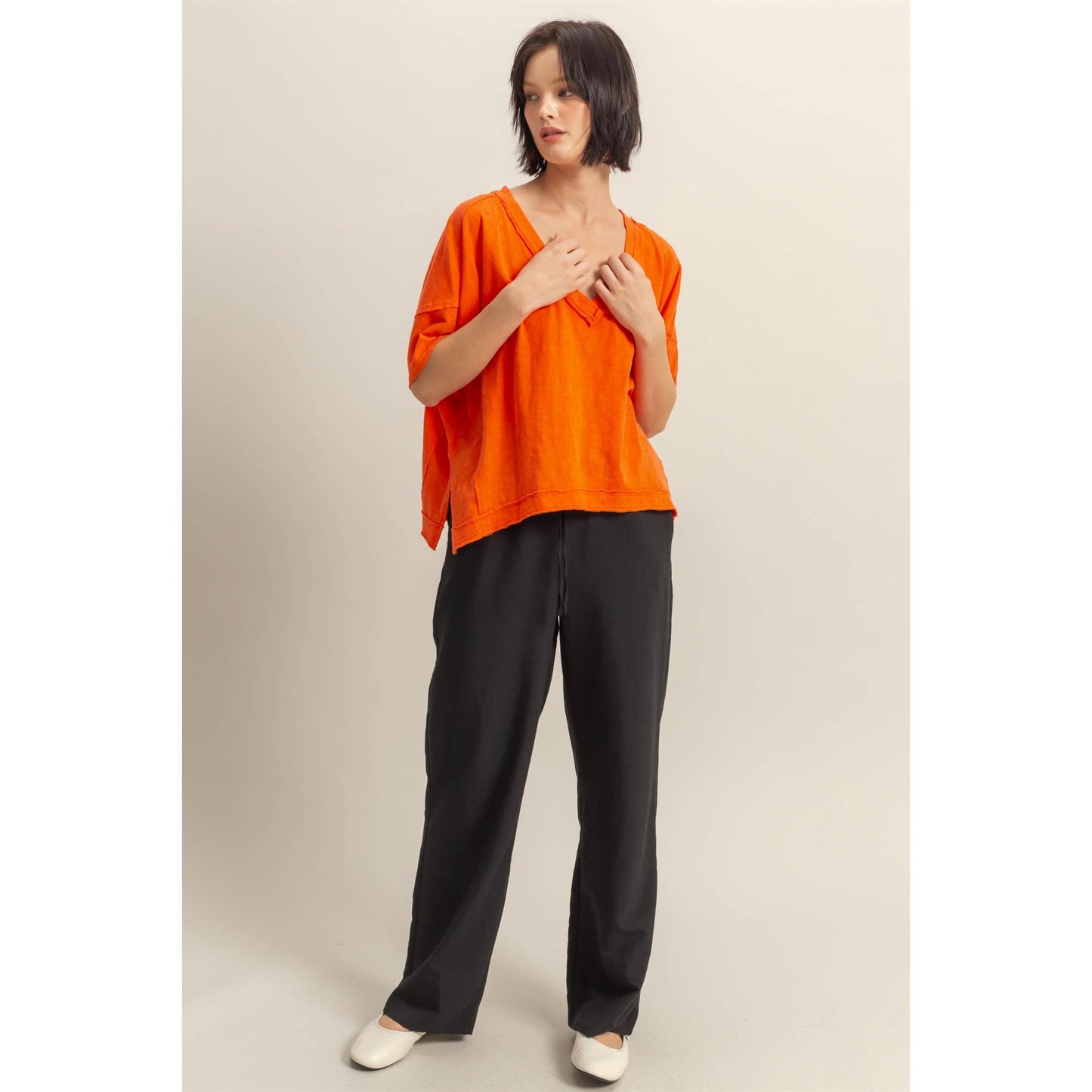 Raw Edge V Neck Oversized Tee: TOMATO