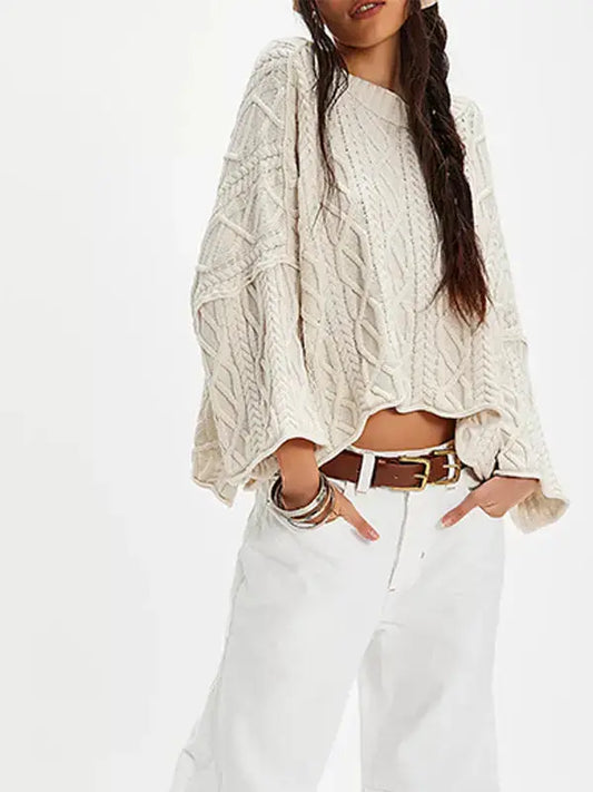 Cropped Cable Knit Sweater with Bell Sleeves: Cream