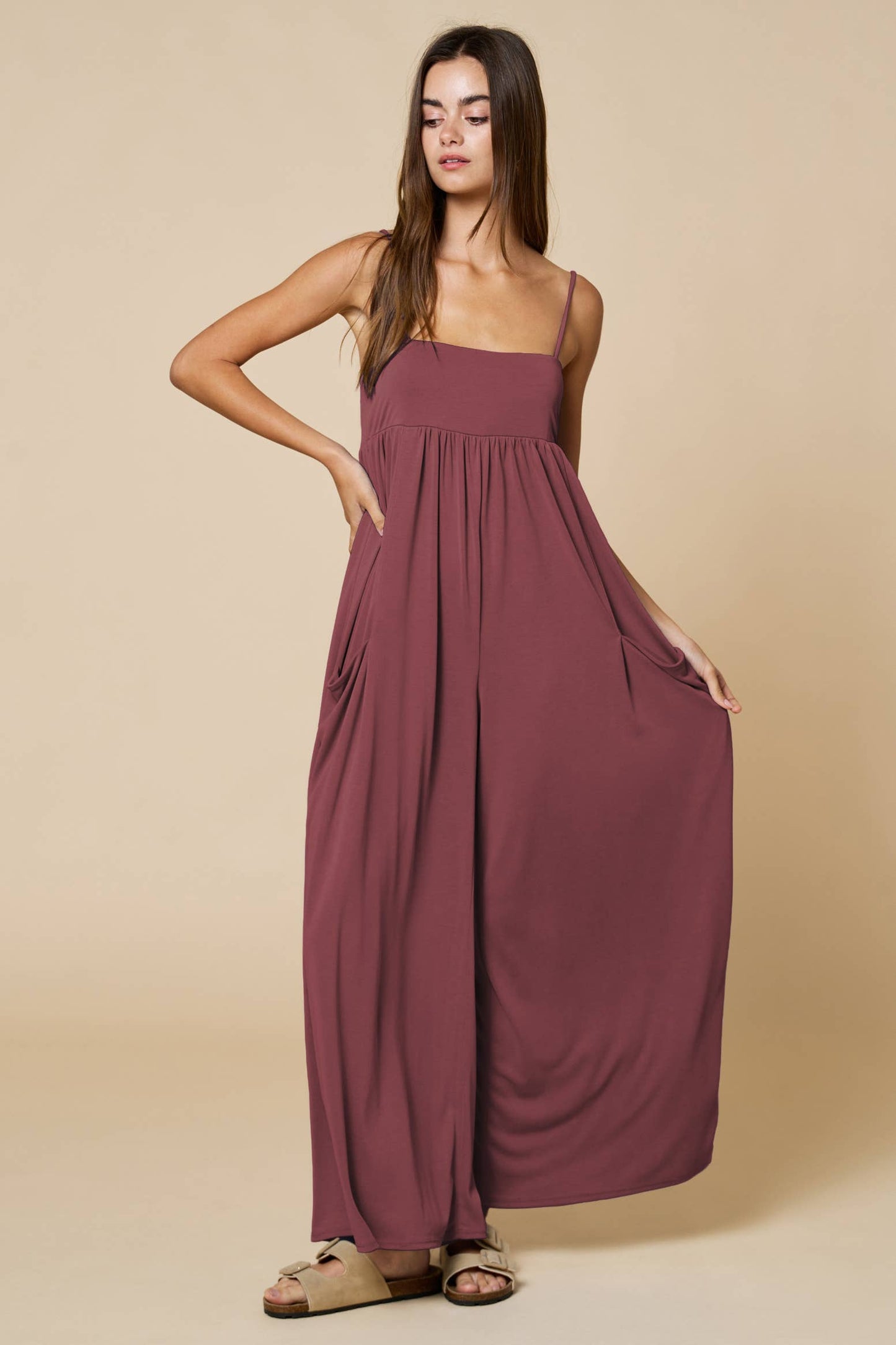 Strappy Wide Leg Jumpsuit W/ Pockets : Wine