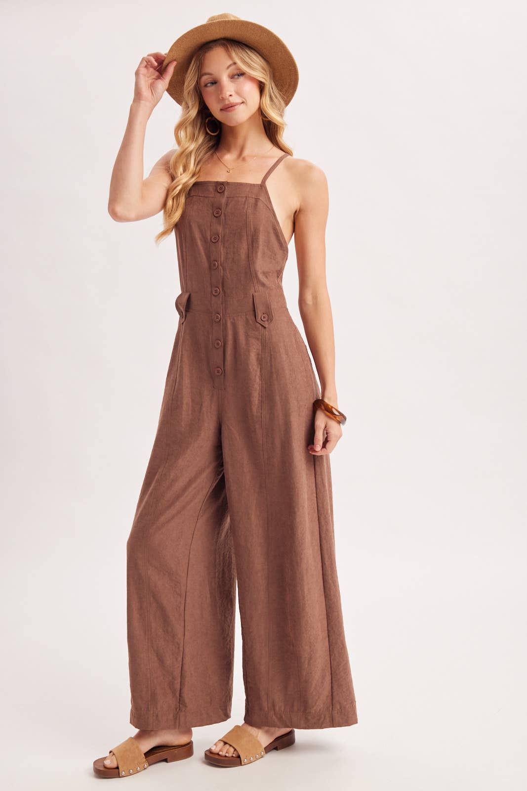 Button Down Wide Leg Jumpsuit