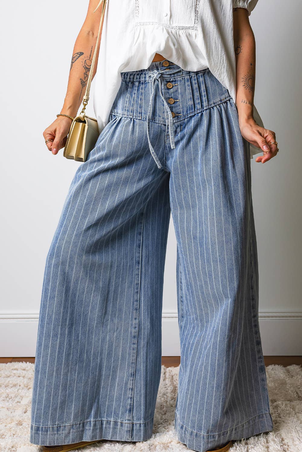 Stripe Button Pleated Drawstring Wide Leg Jeans | Sky Blue Stripe