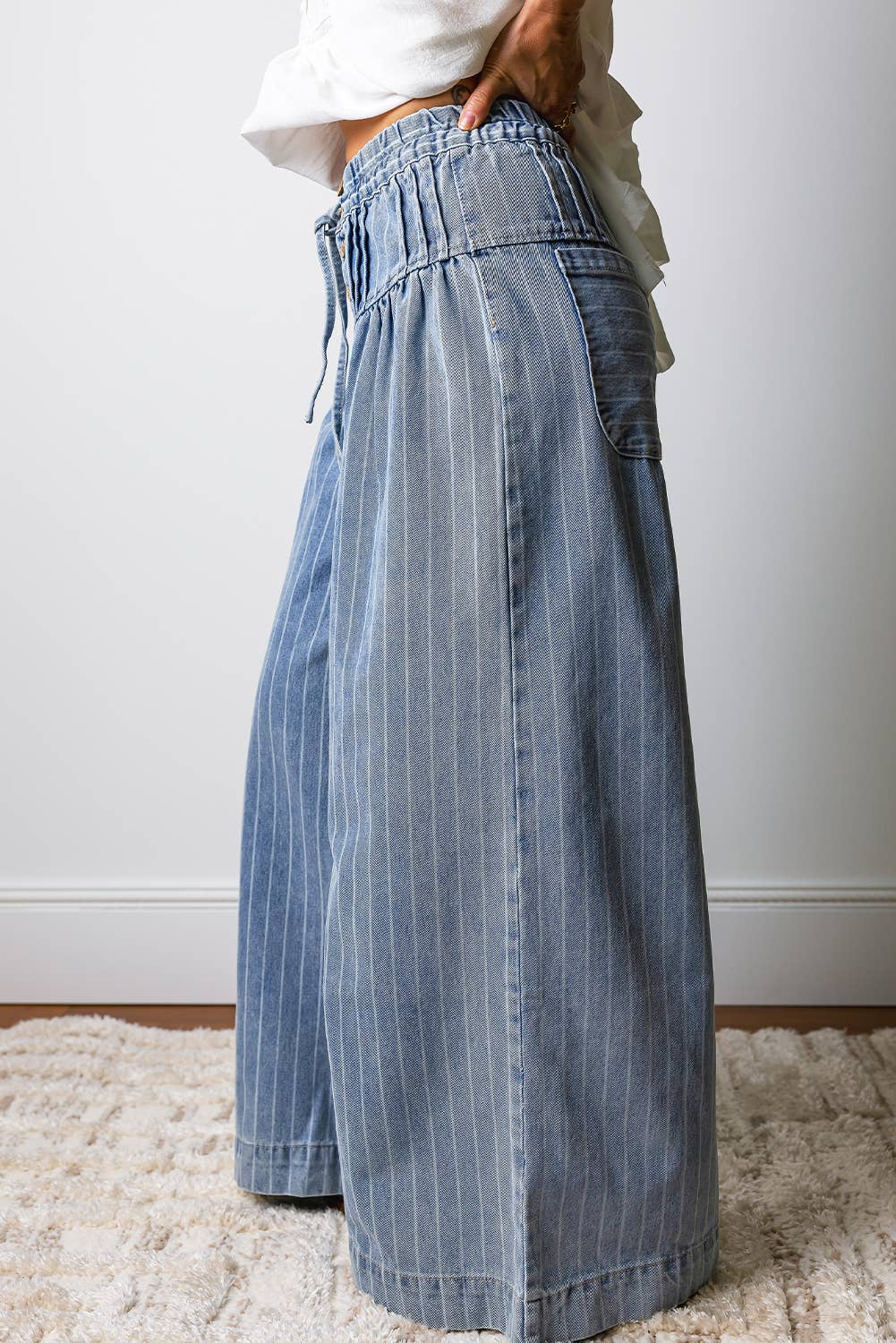 Stripe Button Pleated Drawstring Wide Leg Jeans | Sky Blue Stripe