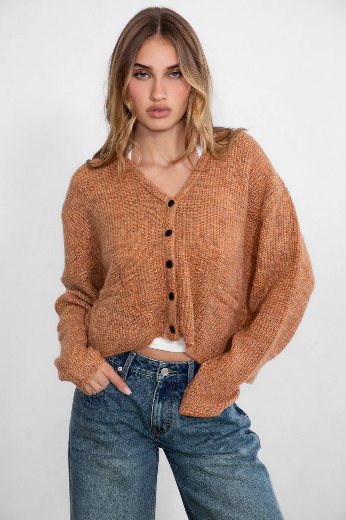 CURTY Fall Winter Marled Sweater Knit Cardigan Top: WHEAT MULTI