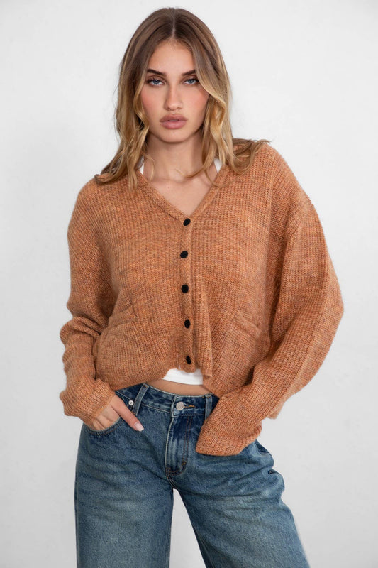 CURTY Fall Winter Marled Sweater Knit Cardigan Top: WHEAT MULTI