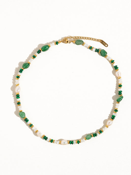 18K Bohemian Handmade Rose Pearl and Bead Necklace: Green