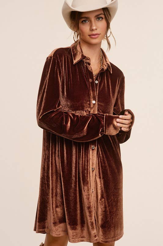 Velvety Long Sleeve Button Dress: Smoked Topaz